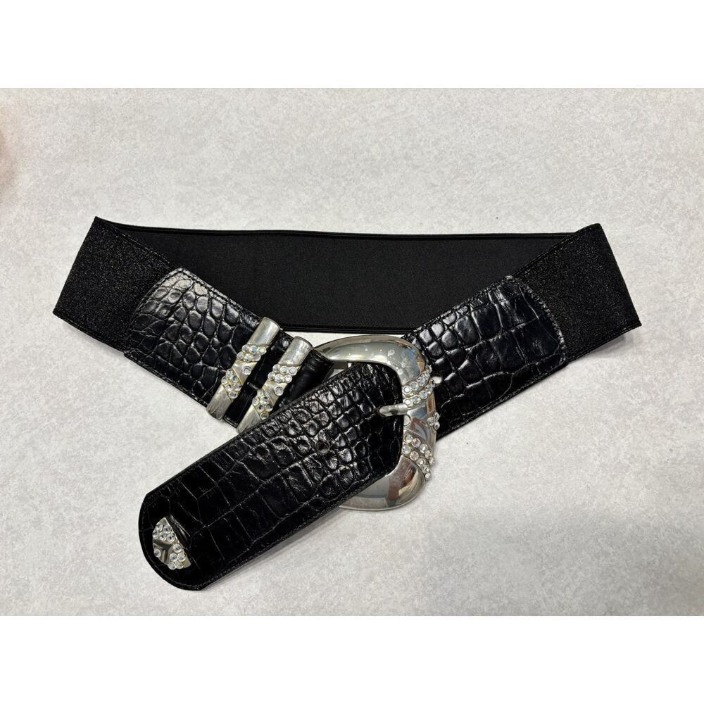 80s Stretch Belt Rhinestones Snake Genuine Leather Simon Silver Bling 31”